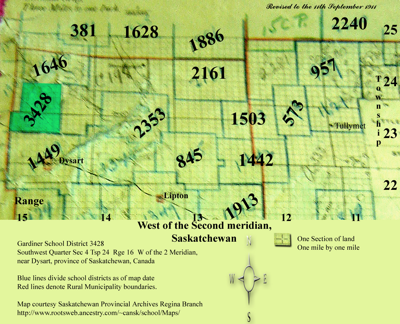 Gardiner School District 3428,		Southwest Quarter	Sec 4	Tsp 24 	Rge 16 	W of the 2 Meridian,	near Dysart, province of Saskatchewan, Canada, 1914-1960, 